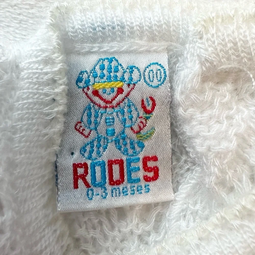 Vintage Rodes Ivory Knit Baby Bear Sweater 0-3M Scalloped Bib Buttonback Neutral